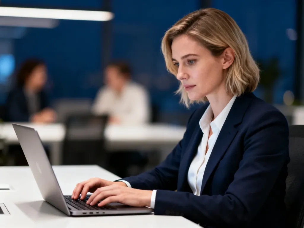 Profesjonalistka pracująca przy laptopie w nowoczesnym biurze, ilustrująca codzienną komunikację e-mailową.