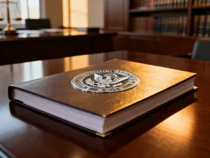 Podkładka z dokumentem inwentaryzacyjnym, kalkulator i długopis na drewnianym biurku w magazynie.