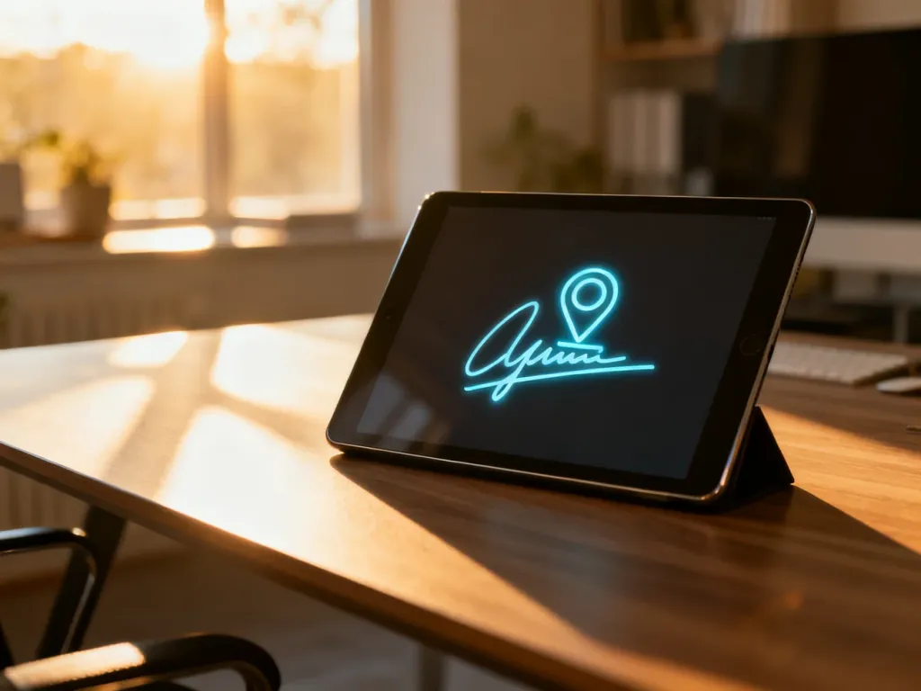 Tablet na biurku z wyświetloną ikoną podpisu elektronicznego, symbolizujący proces weryfikacji dokumentu online.