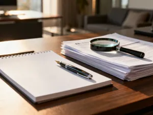 Profesjonalne stanowisko pracy z laptopem i notatnikiem z wykresami procesów biznesowych w nowoczesnym biurze.