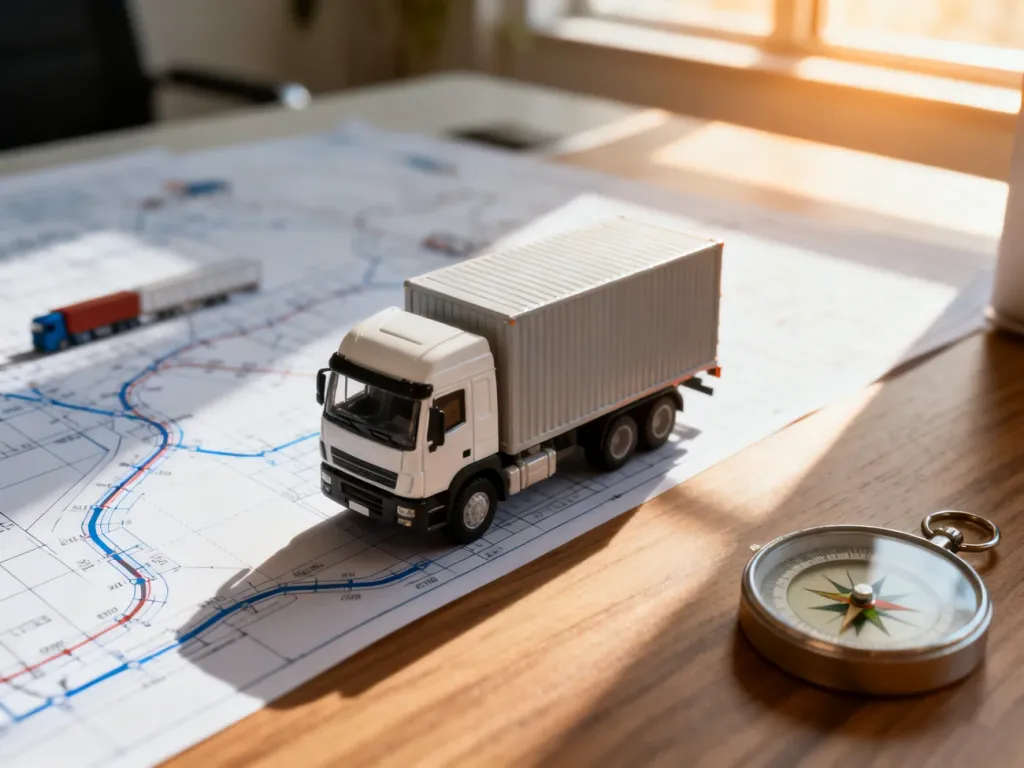 Miniaturowa ciężarówka na biurku z planami logistycznymi, symbolizująca profesjonalne planowanie firmy transportowej.