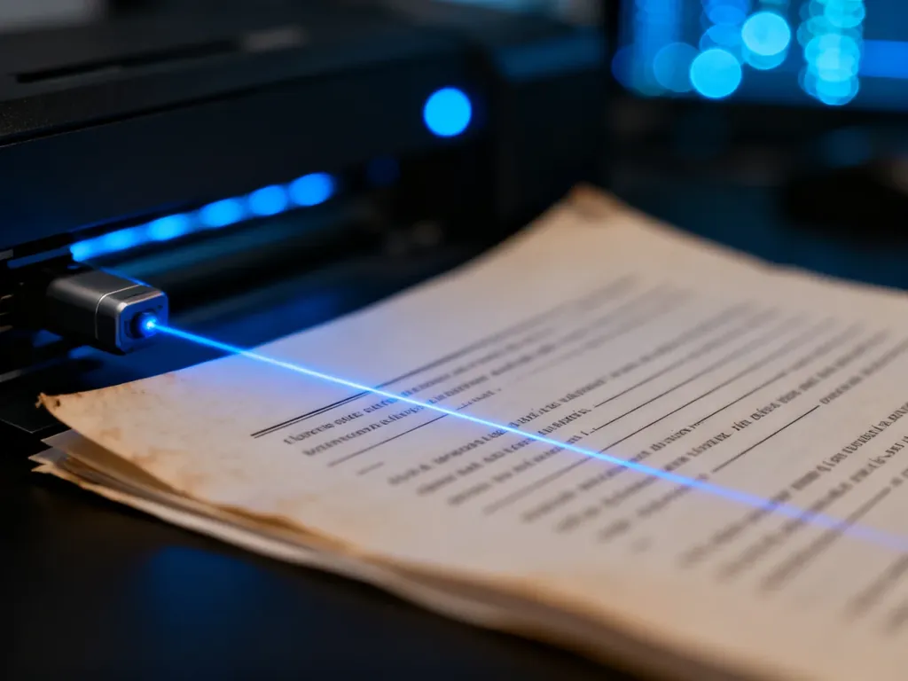 Nowoczesny laser skanujący tekst na starym dokumencie, symbolizujący proces cyfryzacji danych za pomocą technologii OCR.