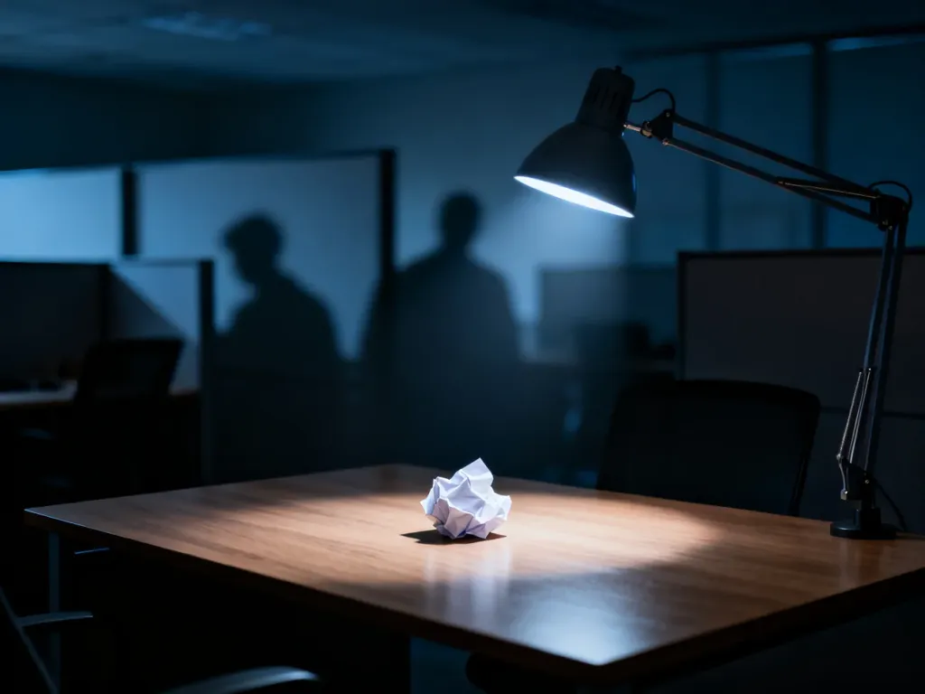 Puste biurko z pogniecioną kartką w świetle lampy, symbolizujące izolację i presję psychiczną w miejscu pracy.